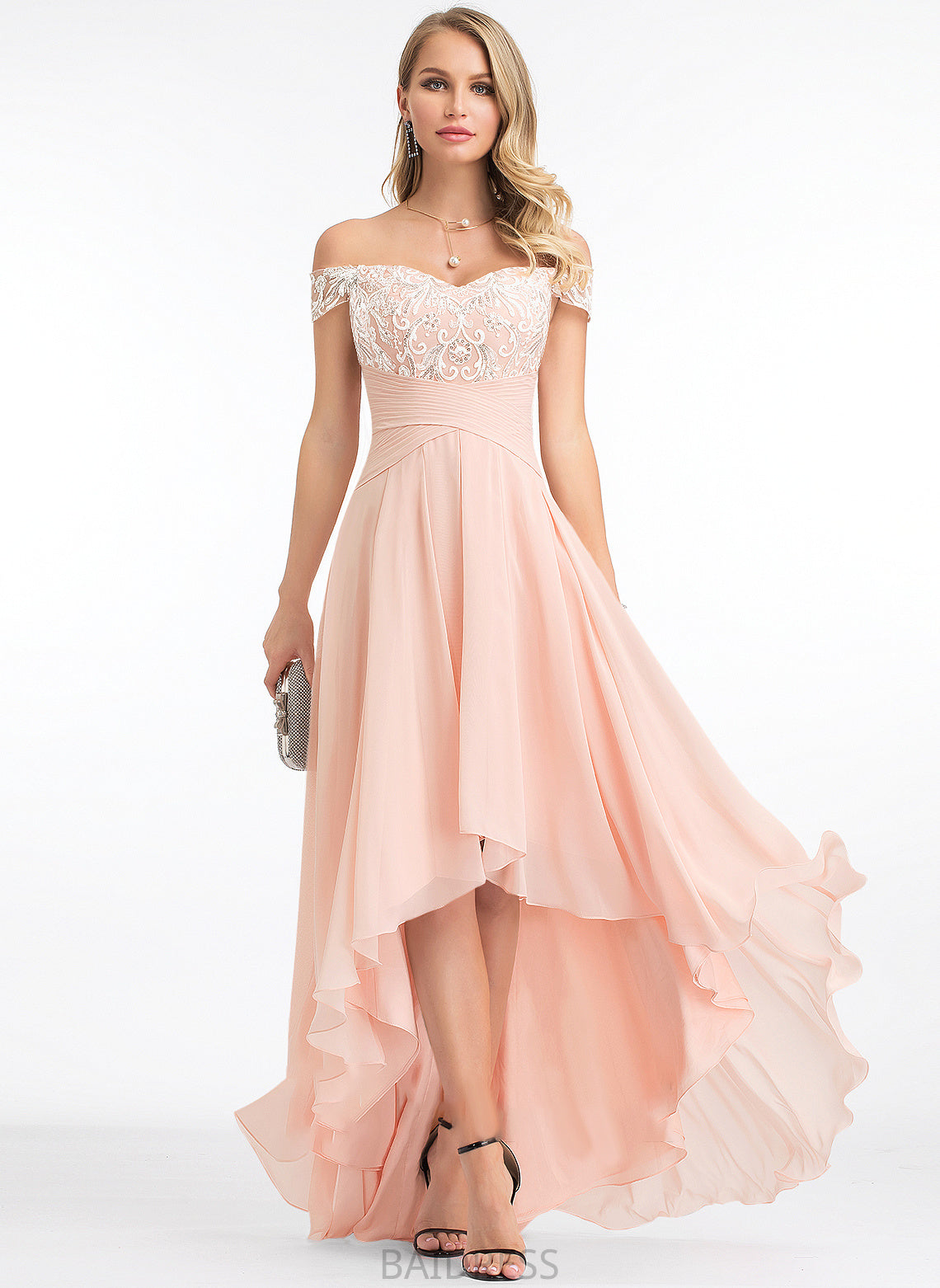 Chiffon Prom Dresses Christina Off-the-Shoulder A-Line With Sequins Asymmetrical