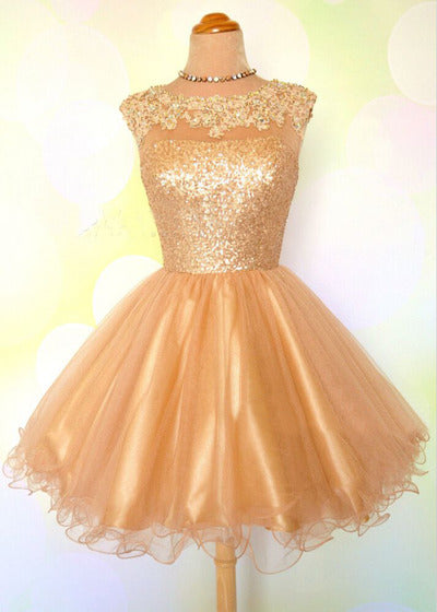 Cap A Line Clare Homecoming Dresses Sleeve Jewel Appliques Sequins Sheer Gold Organza Backless