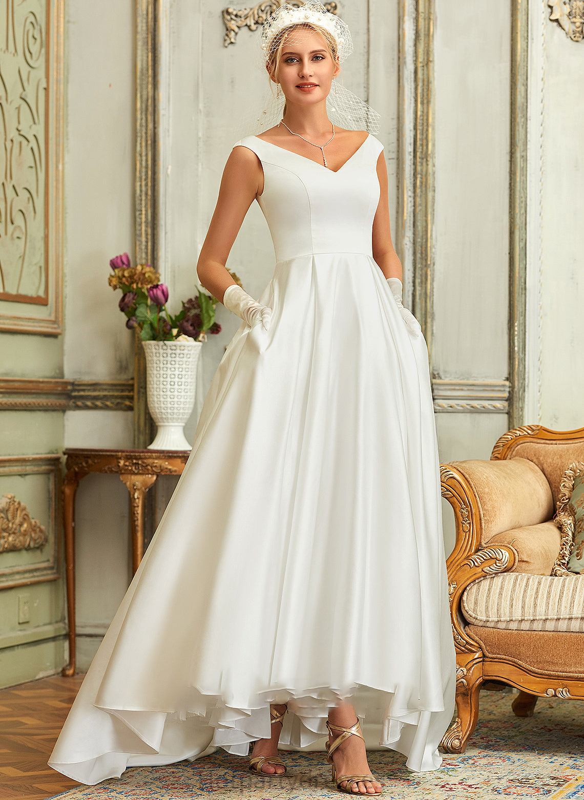 Wedding Dresses Dress With Pockets Satin Maggie Wedding Ball-Gown/Princess V-neck Asymmetrical