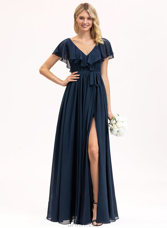 Floor-Length With Chiffon Ruffles Prom Dresses Bow(s) Split Myah A-Line V-neck Cascading Front