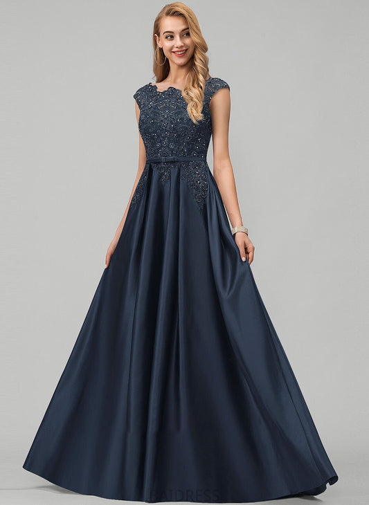 Neck Lace Pockets Satin Beading Scoop Ball-Gown/Princess Sequins With Prom Dresses Madison Bow(s) Floor-Length