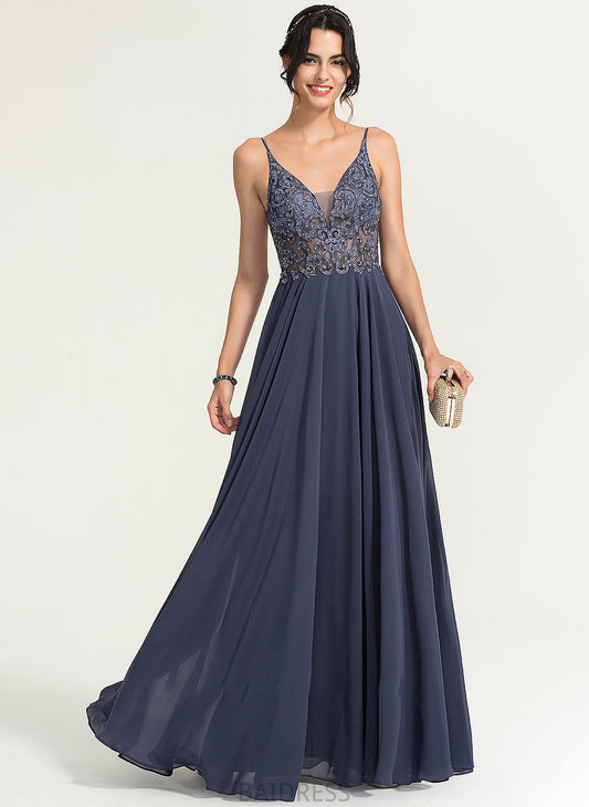 Genesis Sequins V-neck Floor-Length A-Line With Chiffon Prom Dresses Beading