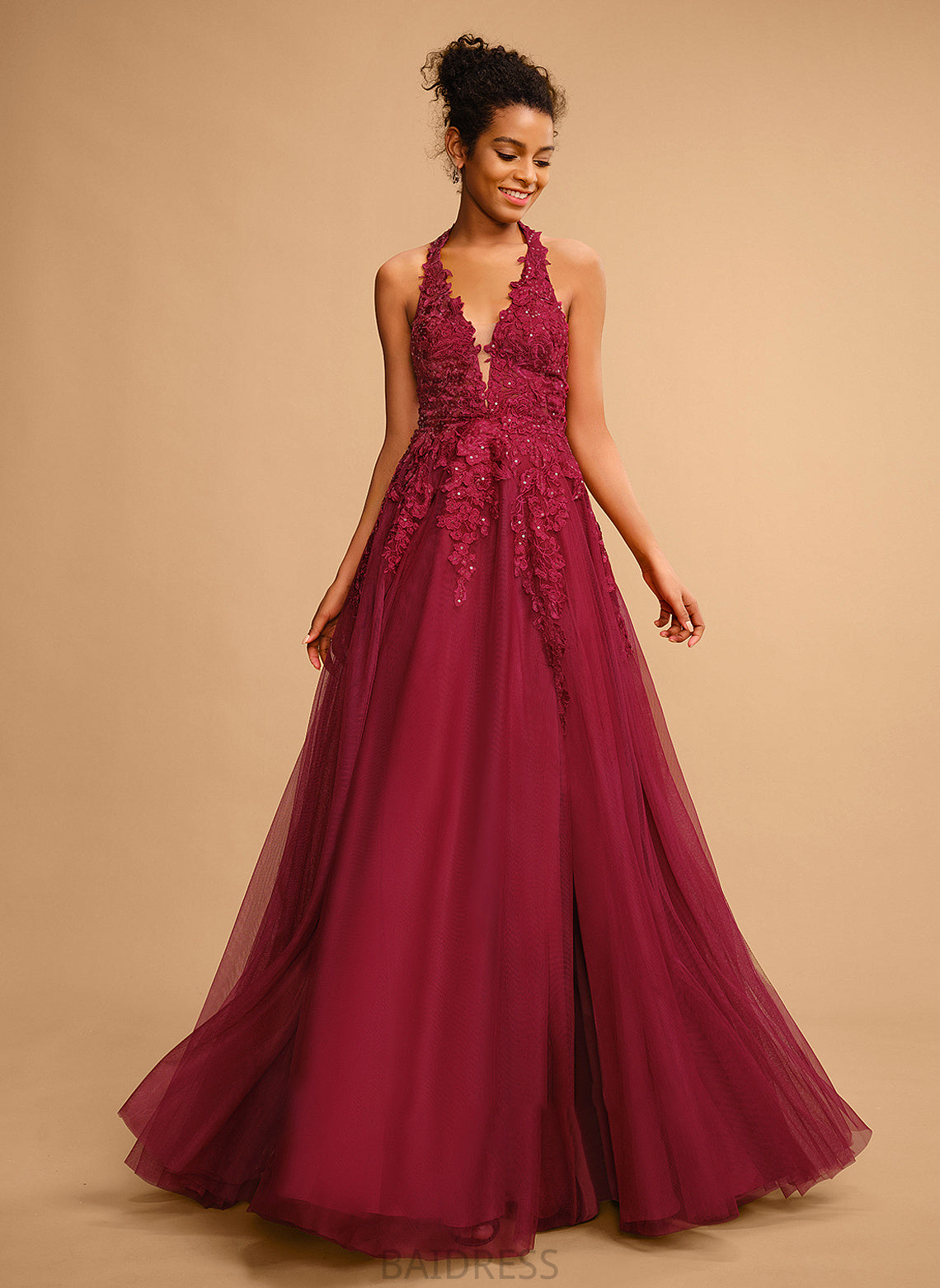 Tulle Halter Neveah Lace Ball-Gown/Princess Prom Dresses Sequins Floor-Length With