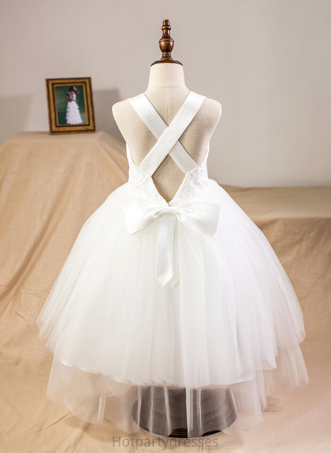 Bow(s) Sweetheart Lace With Ball-Gown/Princess Tulle Brianna Tea-Length Satin Junior Bridesmaid Dresses