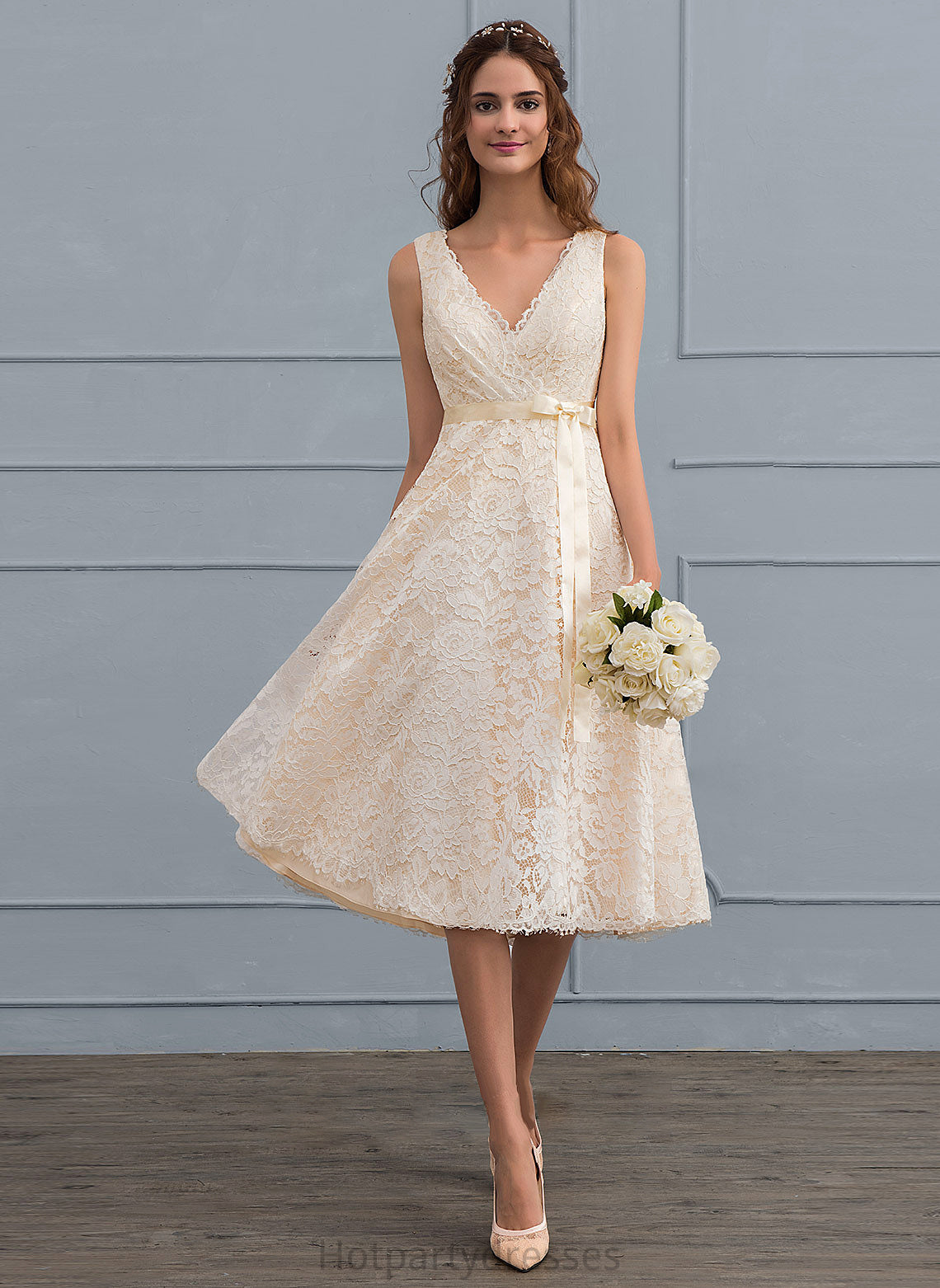 Wedding Dresses With Dominique Knee-Length A-Line Bow(s) Wedding V-neck Lace Dress