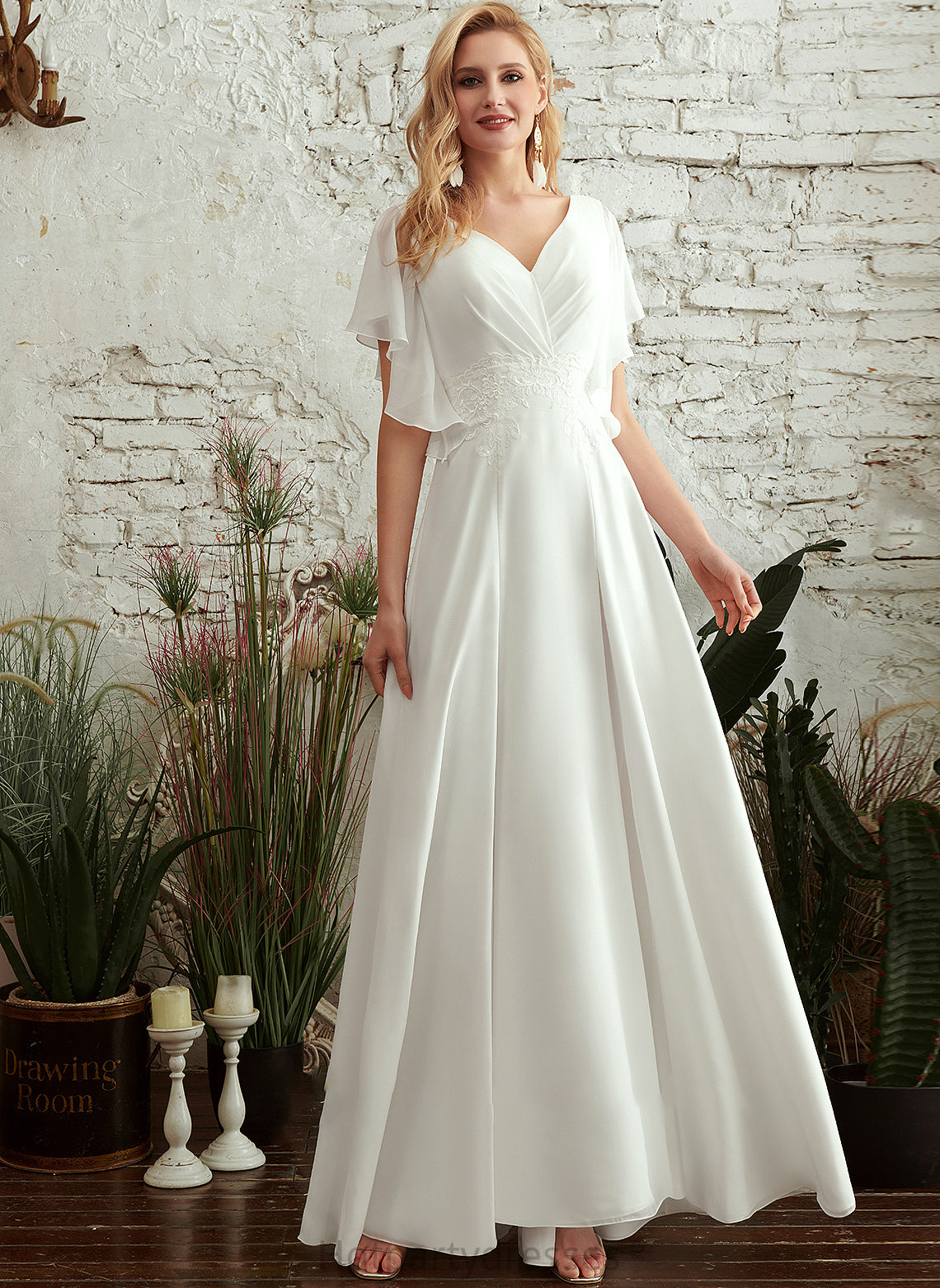 Emmalee V-neck Floor-Length Dress Wedding With A-Line Wedding Dresses Front Lace Split
