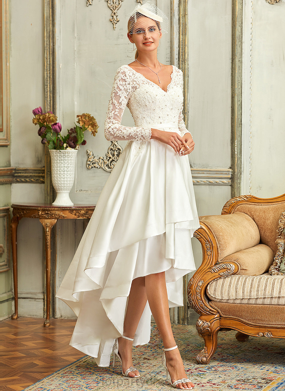 Satin Wedding Wedding Dresses Lace Elva Asymmetrical Dress A-Line V-neck