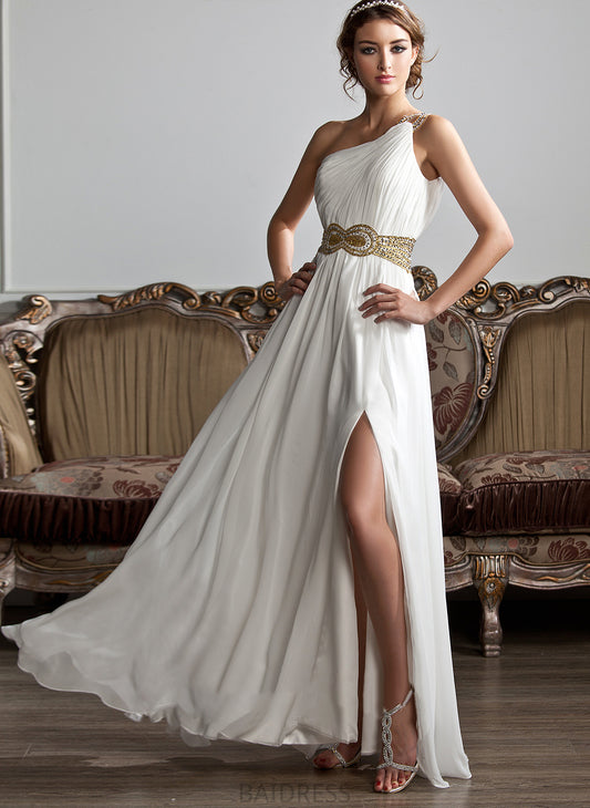 Floor-Length Prom Dresses Ruffle Chiffon One-Shoulder With A-Line Split Mara Sequins Beading Front