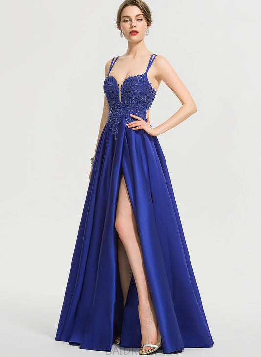 Satin Ball-Gown/Princess Jordyn Front Floor-Length Split With V-neck Prom Dresses Sequins