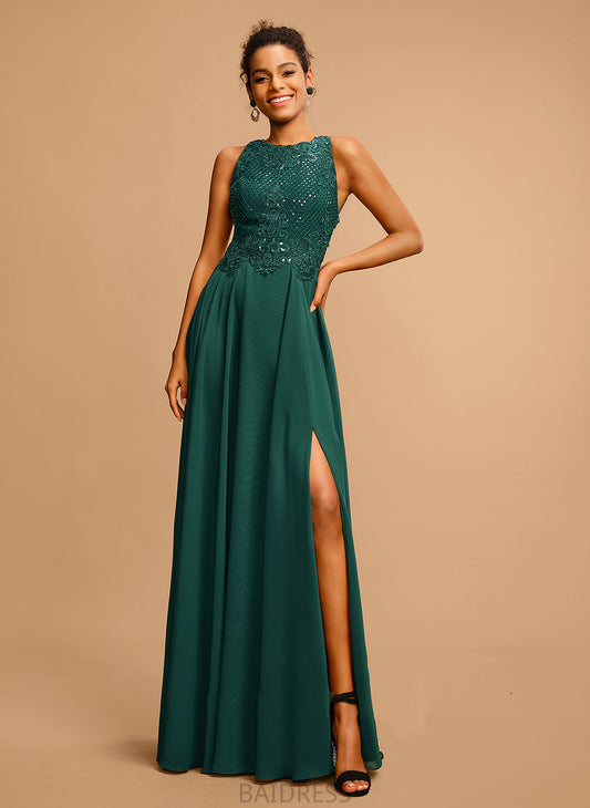 Lace Neck With Floor-Length A-Line Prom Dresses Sequins Jamya Front Scoop Split Chiffon