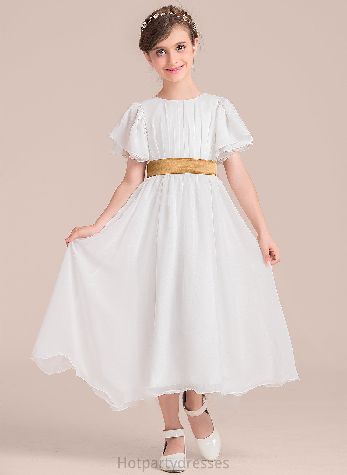 Sash With Junior Bridesmaid Dresses A-Line Ruffle Elva Neck Scoop Tea-Length Chiffon