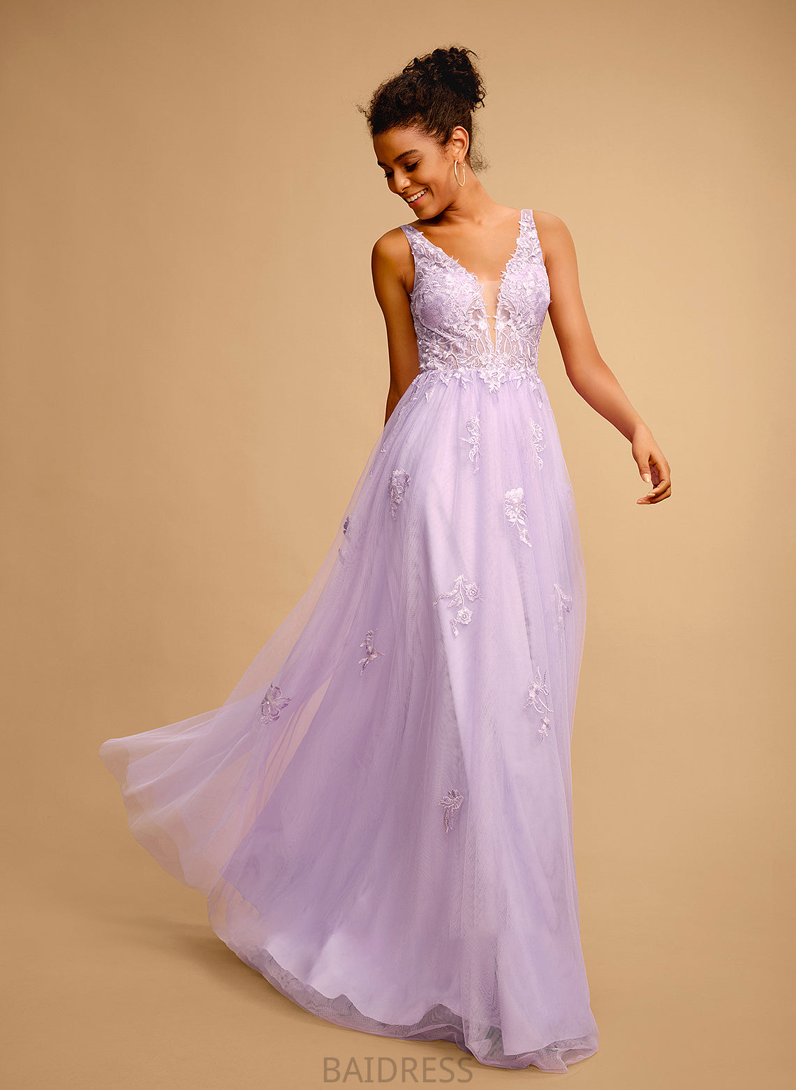 Lace V-neck With Ball-Gown/Princess Roselyn Floor-Length Prom Dresses Tulle