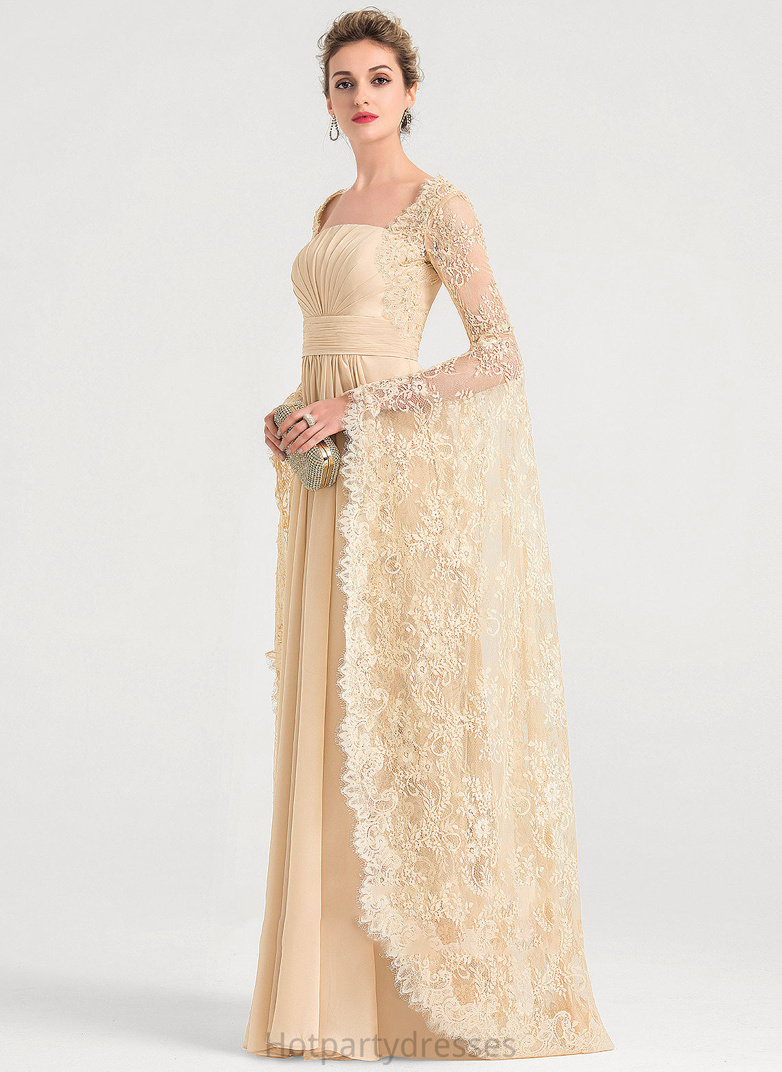 Wedding Square Neckline Sandy Floor-Length Chiffon With Dress Beading Ruffle A-Line Wedding Dresses