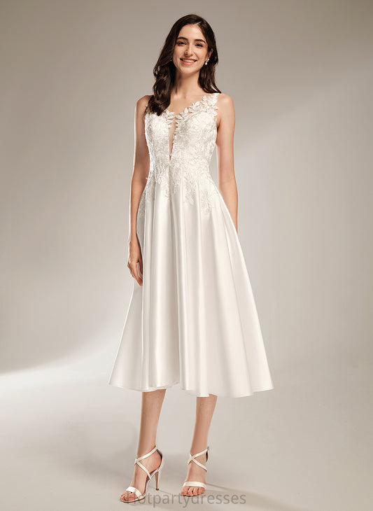 Tea-Length V-neck Tamara Wedding Satin A-Line Dress Wedding Dresses Lace
