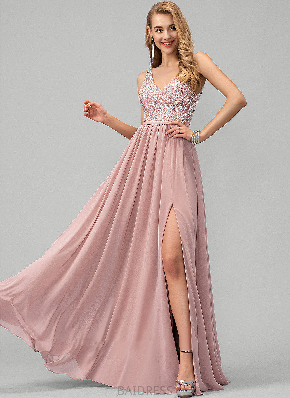 V-neck Sequins Beading Jimena Prom Dresses A-Line Chiffon Floor-Length Front With Split