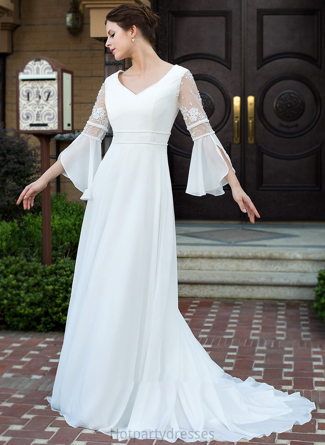 Lace Wedding Dresses Jaylen Beading Court Train Wedding A-Line Dress V-neck Chiffon With