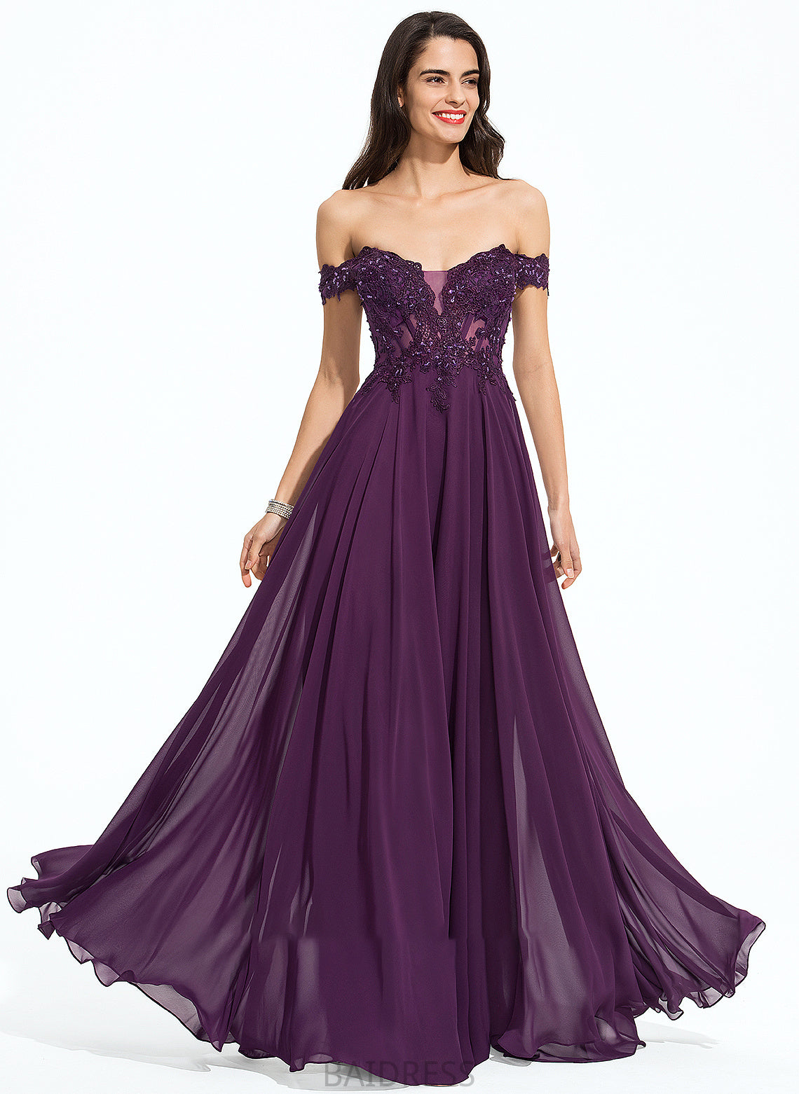 Floor-Length Off-the-Shoulder Beading With Ball-Gown/Princess Prom Dresses Paisley Sequins Chiffon
