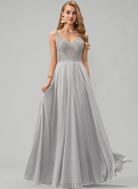 Sylvia Beading Floor-Length V-neck Chiffon Prom Dresses With Sequins A-Line