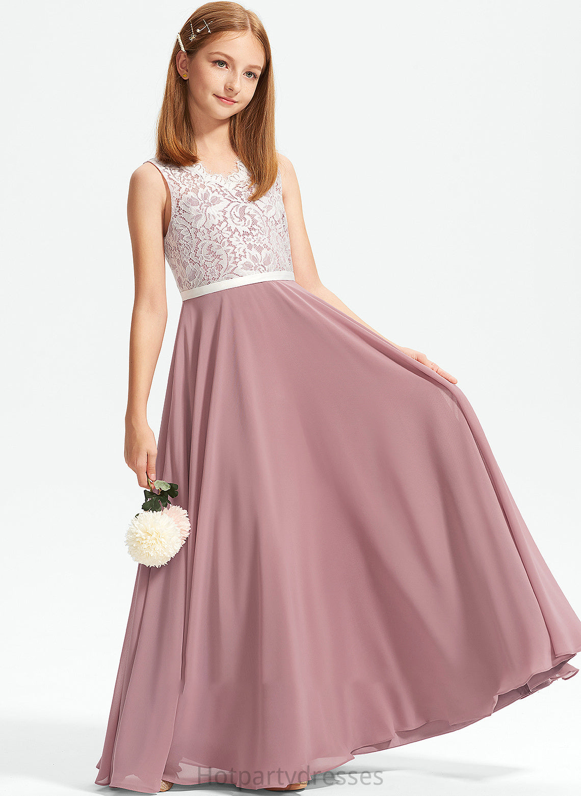 A-Line V-neck Abbigail Junior Bridesmaid Dresses Lace Floor-Length Chiffon