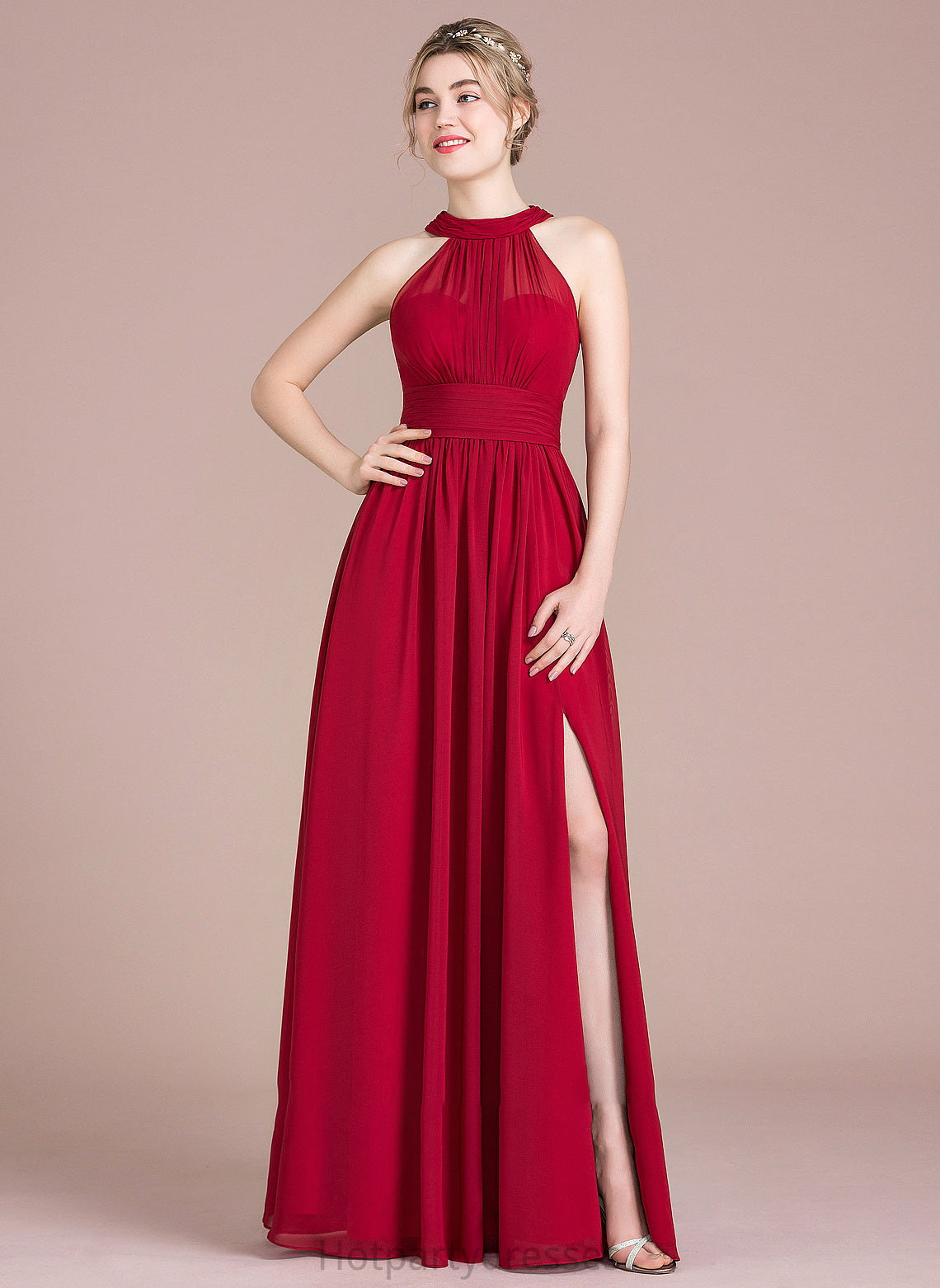 Ruffle Fabric A-Line Floor-Length Bow(s) Silhouette Embellishment Length SplitFront Neckline ScoopNeck Sarahi Bridesmaid Dresses