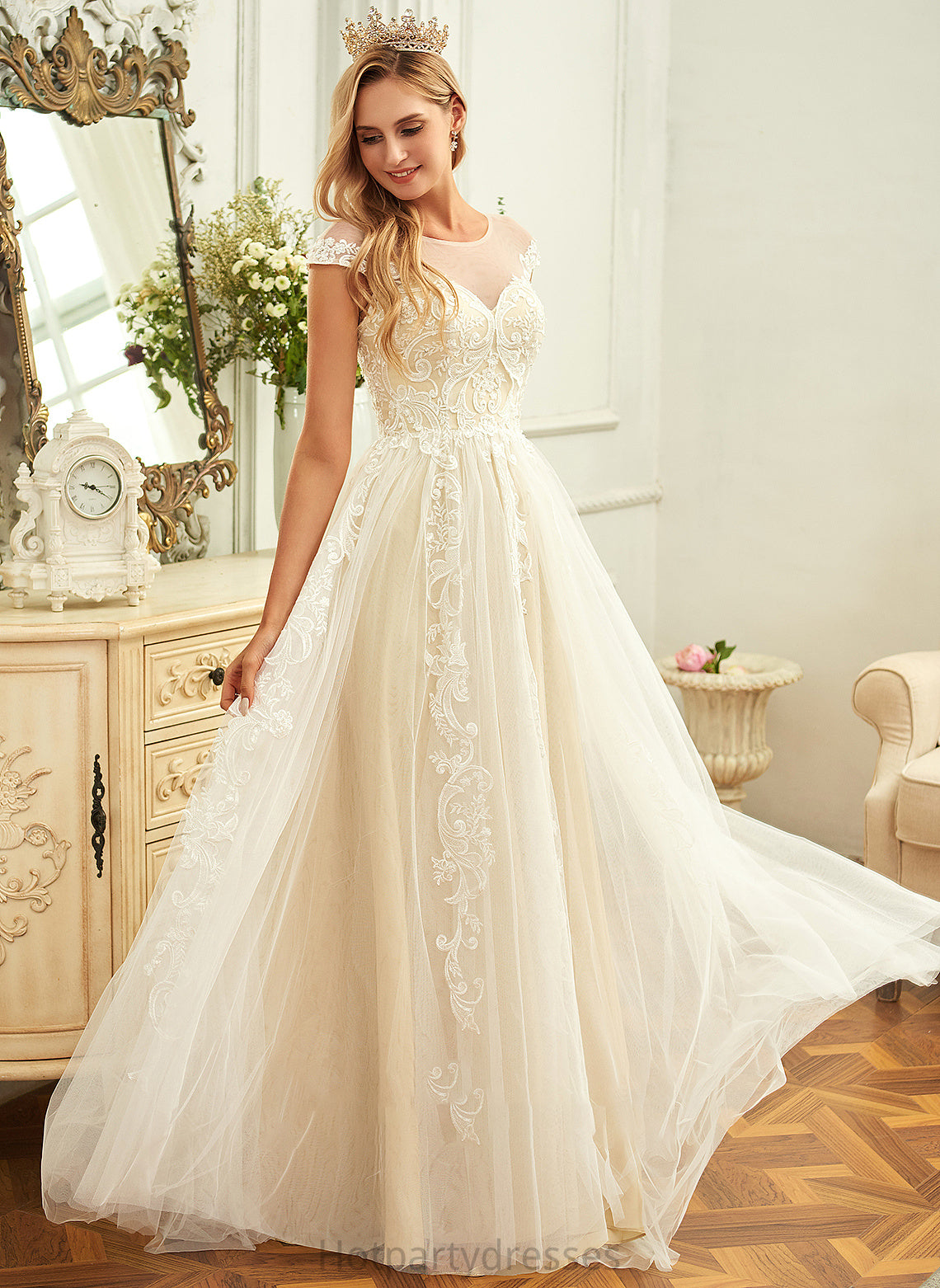Lace Neck Lace Train Tulle Scoop Wedding Dresses Ruffle Dress Wedding With Laci A-Line Sweep