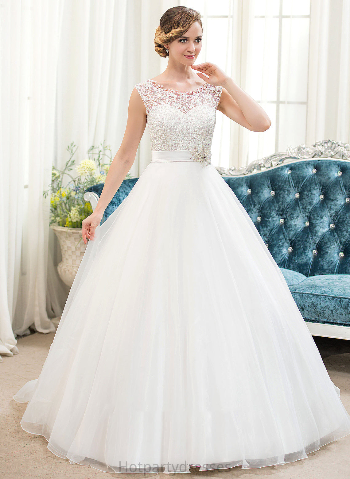 Sweep Ball-Gown/Princess With Organza Neck Beading Dress Sequins Lace Train Aleah Scoop Wedding Wedding Dresses