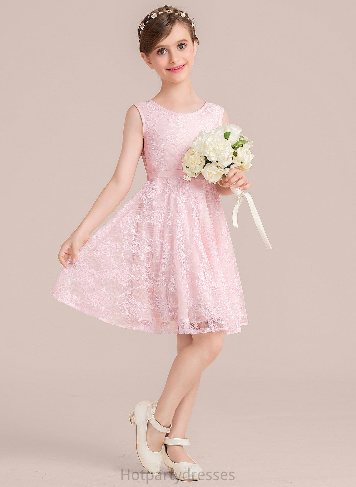Sash A-Line Myla Bow(s) Scoop Neck With Junior Bridesmaid Dresses Lace Knee-Length