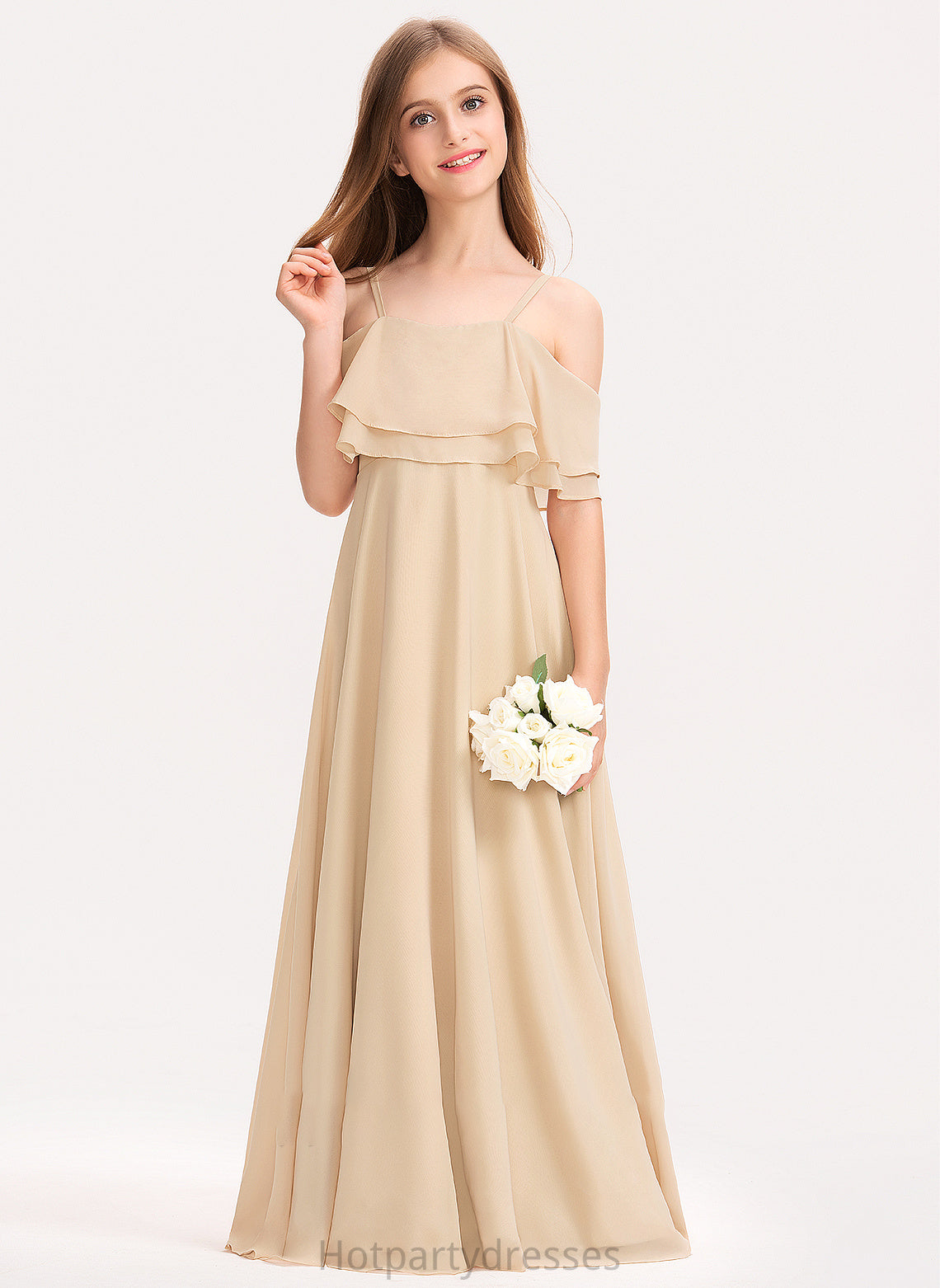 Junior Bridesmaid Dresses Off-the-Shoulder Chiffon A-Line Rayna Cascading Ruffles With Floor-Length