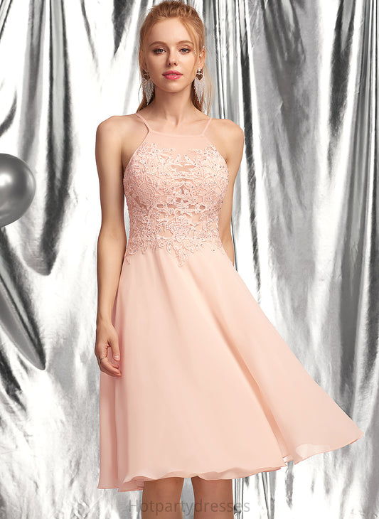 With Coral Scoop Homecoming Chiffon Dress Beading Neck Lace Knee-Length A-Line Homecoming Dresses