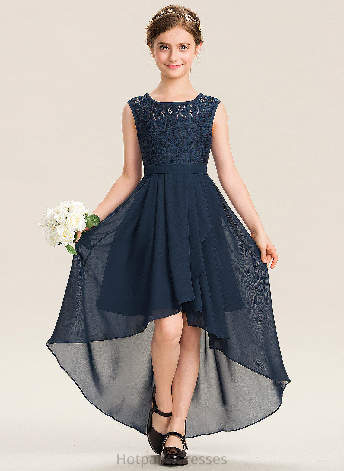 Bow(s) Lace Cascading With Chiffon Asymmetrical Ruffles Tess Scoop Junior Bridesmaid Dresses Neck A-Line