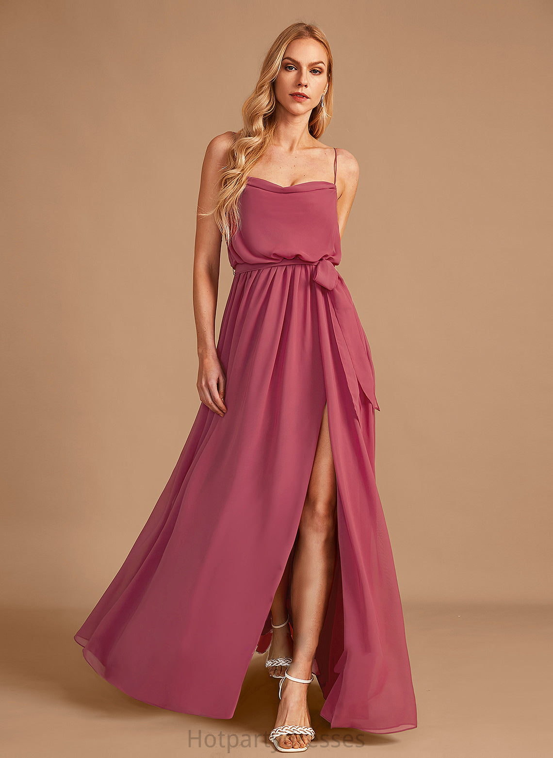 Fabric Silhouette Embellishment CowlNeck Floor-Length A-Line Ruffle Neckline SplitFront Length Lainey Sleeveless Bridesmaid Dresses