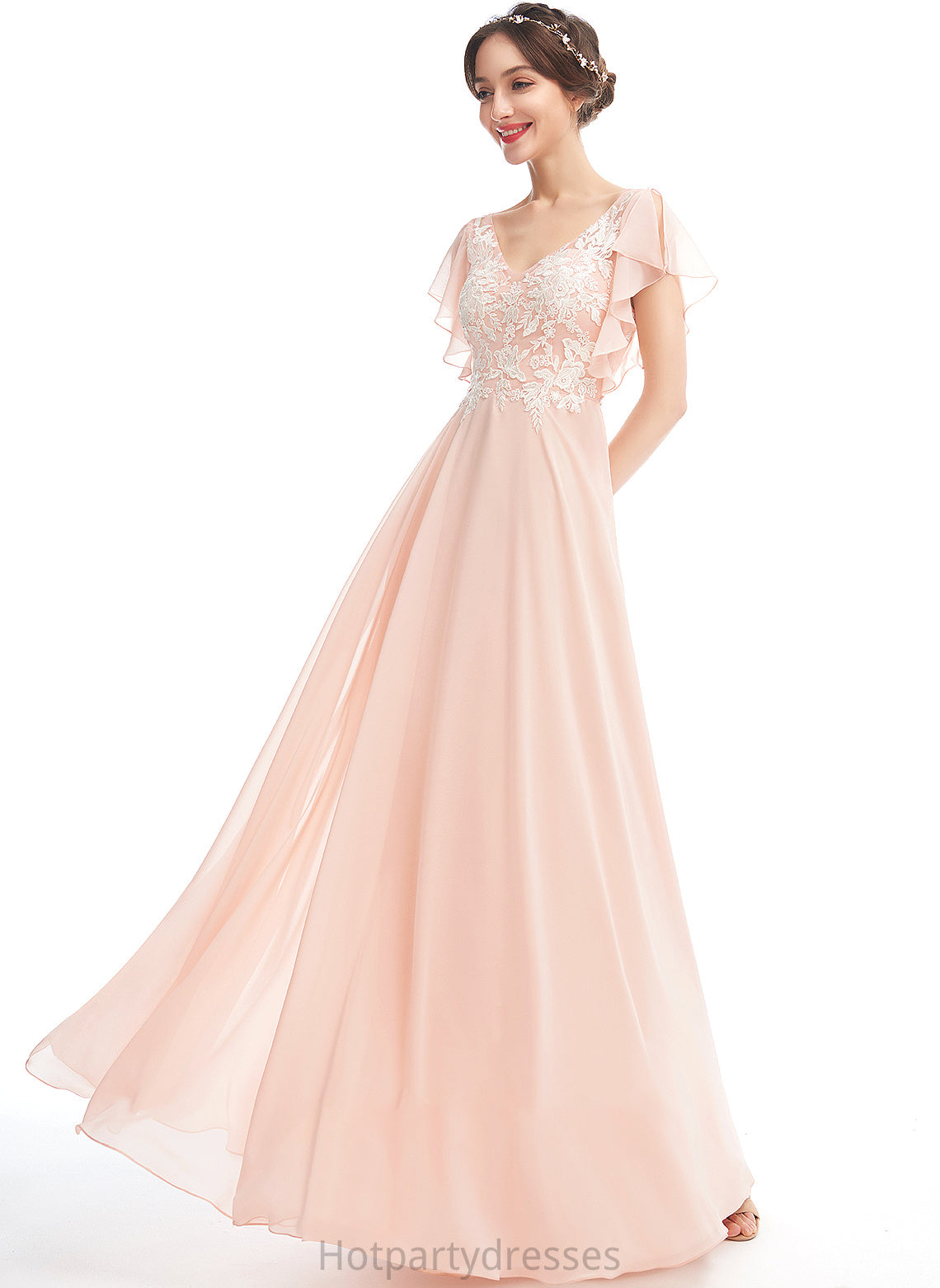 Neckline Silhouette Length V-neck A-Line Floor-Length Ruffle Embellishment Fabric Ansley V-Neck Floor Length Bridesmaid Dresses