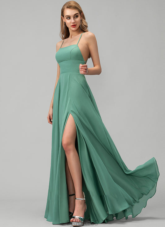 A-Line Prom Dresses Neckline Split Pockets Penny With Floor-Length Square Front Chiffon