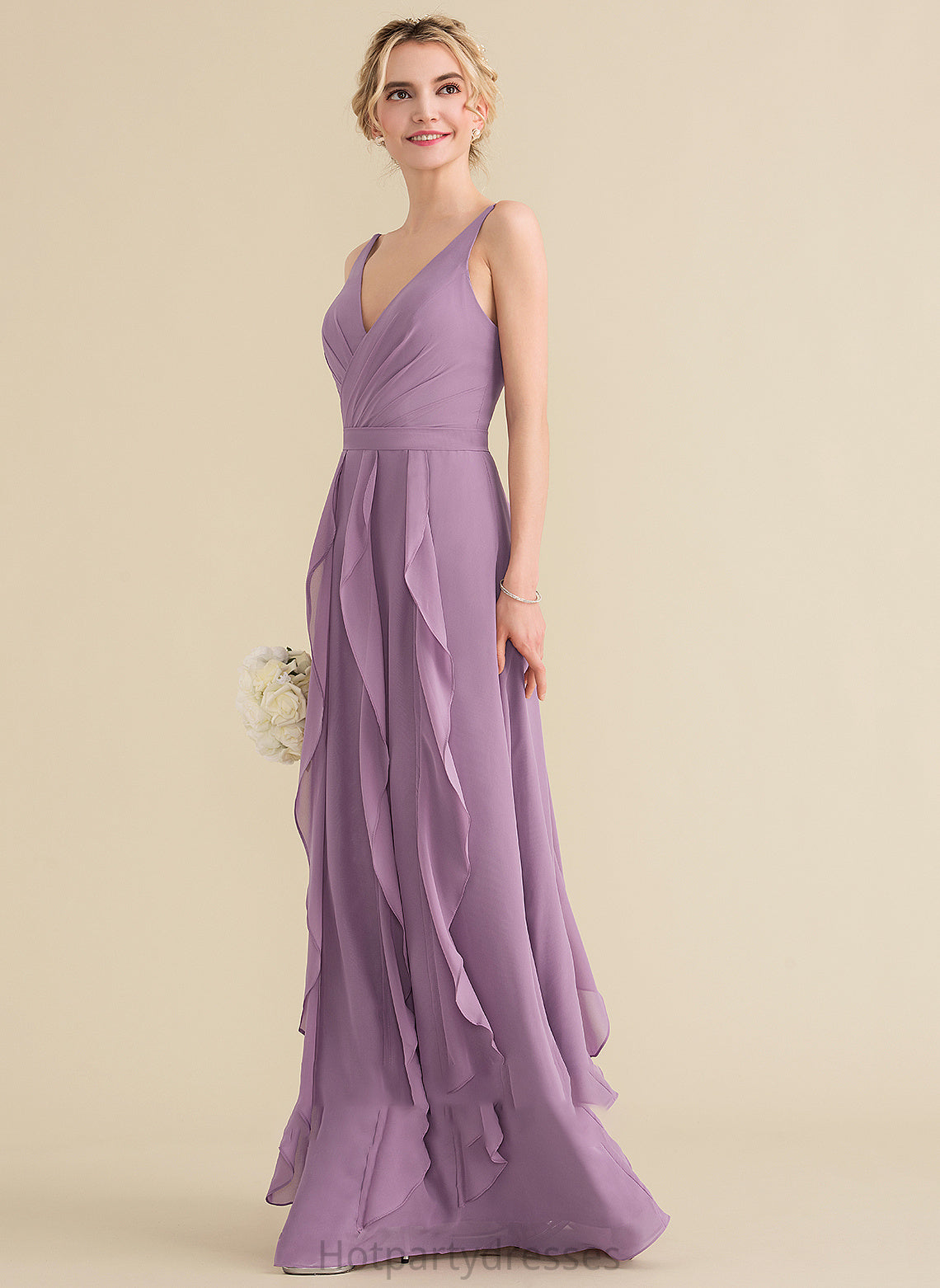 Floor-Length Fabric Embellishment CascadingRuffles V-neck Neckline A-Line Length Silhouette Ryleigh Sleeveless Natural Waist Bridesmaid Dresses