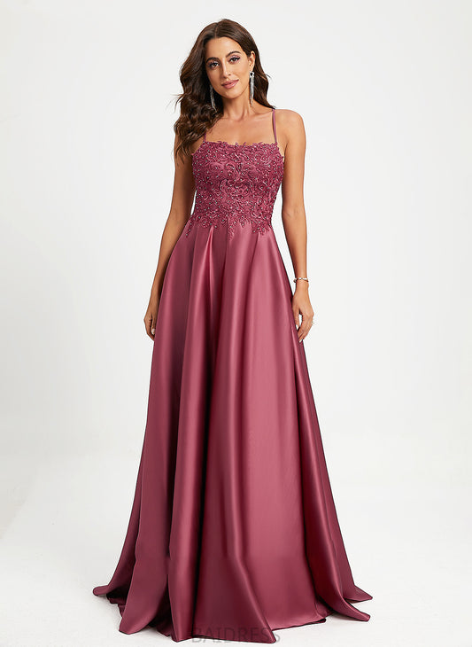 Beading With Prom Dresses Satin Sweep Neckline Train Square A-Line Cristal Sequins