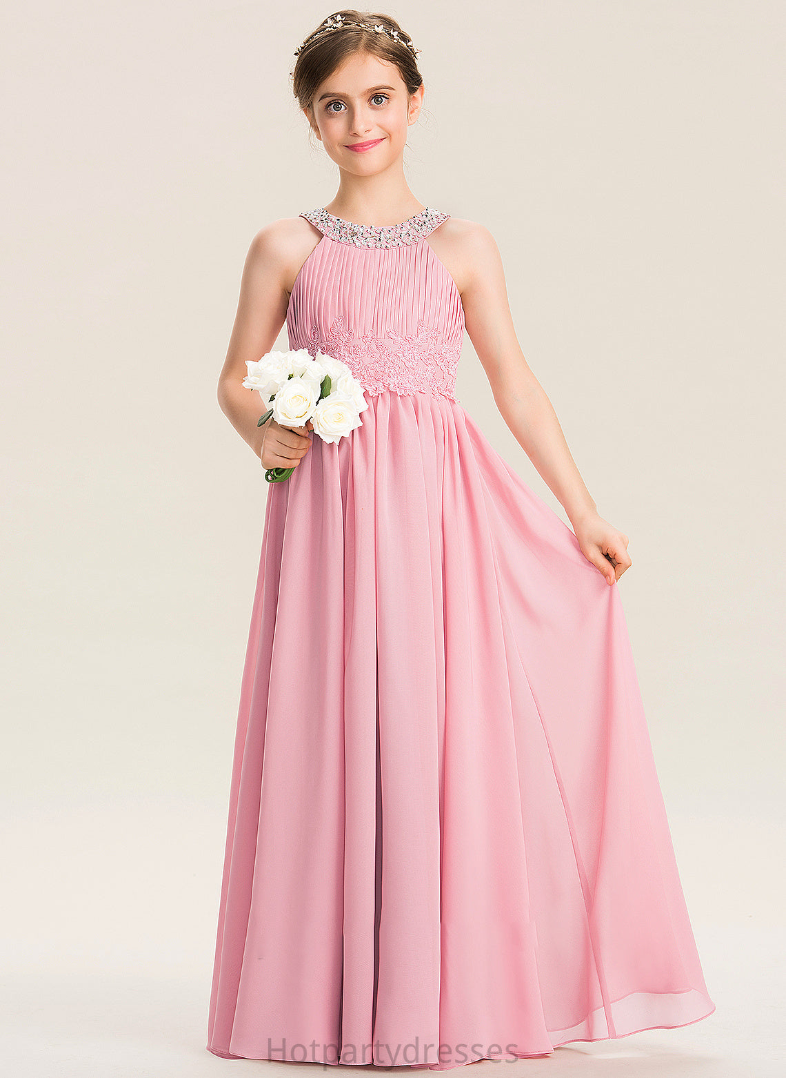 Lace Floor-Length Scoop With Serenity A-Line Sequins Neck Beading Ruffle Chiffon Junior Bridesmaid Dresses