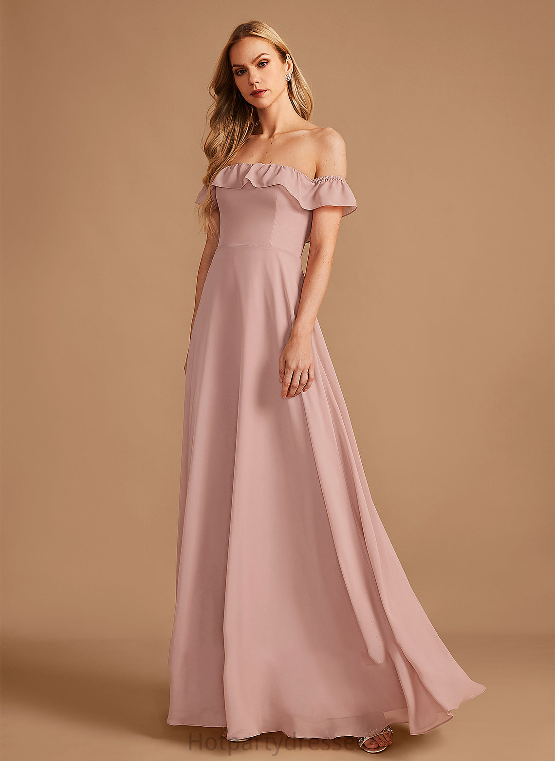 Fabric Neckline Length Floor-Length Off-the-Shoulder A-Line Ruffle Embellishment Silhouette Amani Sleeveless Natural Waist Bridesmaid Dresses