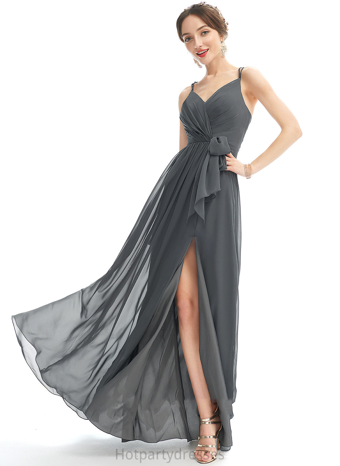 Length Neckline A-Line Ruffle V-neck Fabric Silhouette Floor-Length Beading Embellishment SplitFront Marely Bridesmaid Dresses