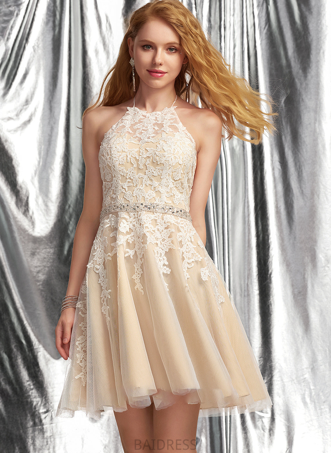 Prom Dresses A-Line Short/Mini Tulle Lace Caylee Sequins Beading Halter With