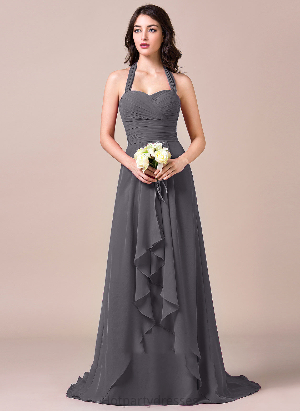 Halter CascadingRuffles Fabric Length SweepTrain Bow(s) Silhouette Embellishment Neckline A-Line Madison Floor Length Bridesmaid Dresses
