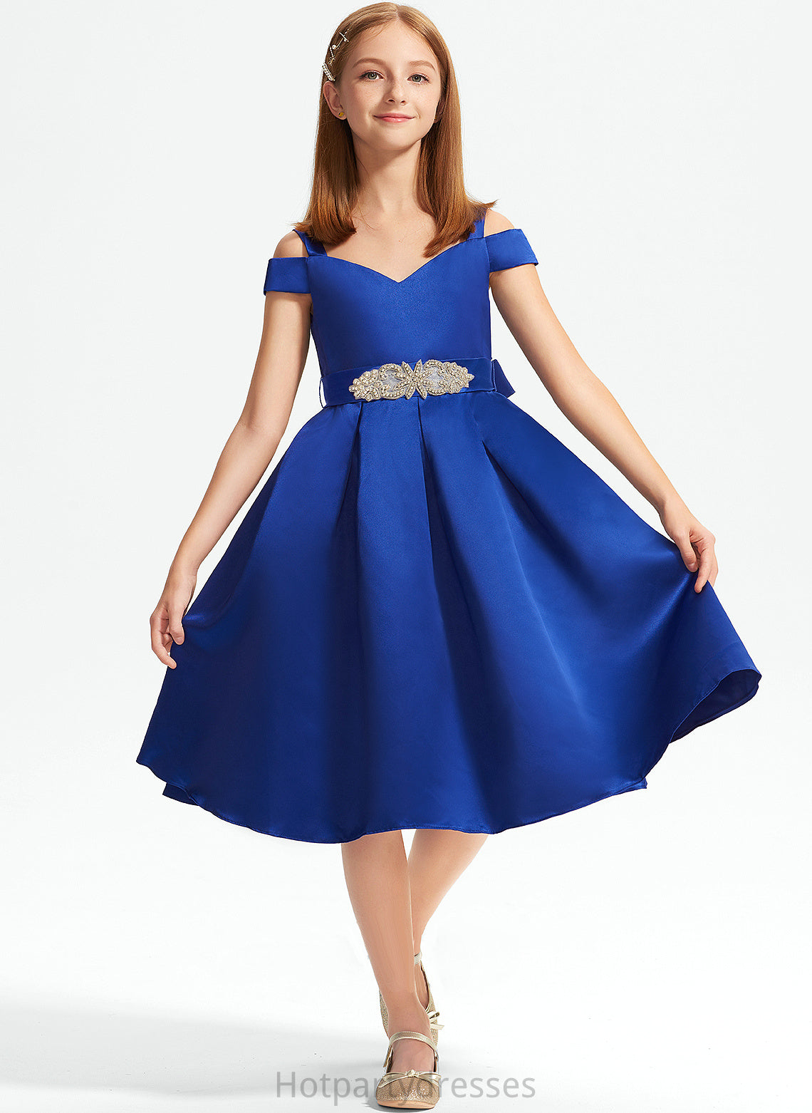 Knee-Length A-Line With Beading Braelyn Bow(s) Off-the-Shoulder Satin Junior Bridesmaid Dresses