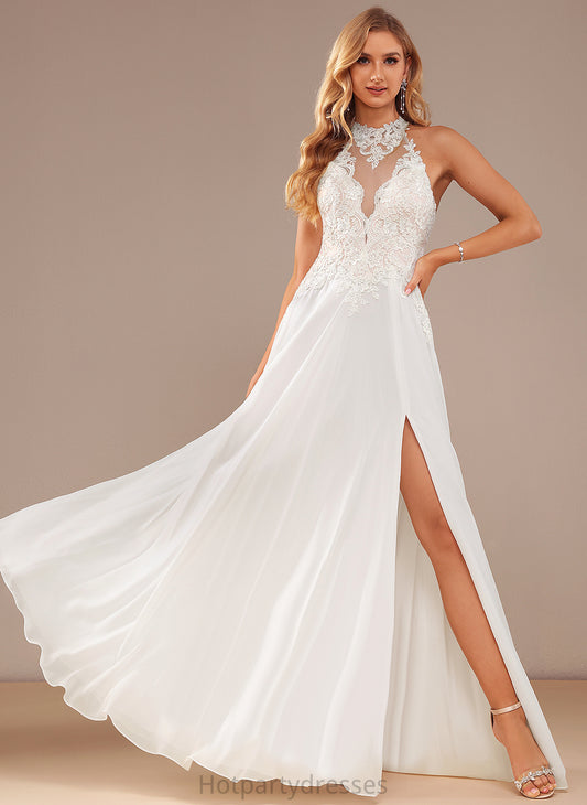 High Wedding Dresses Floor-Length Lucy Dress A-Line Wedding Lace Neck With Beading Chiffon Sequins