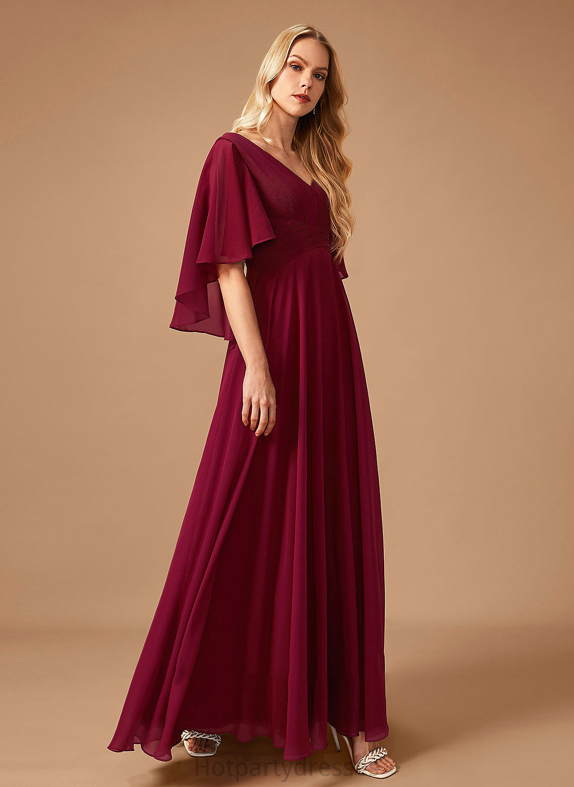 Silhouette A-Line V-neck Neckline Floor-Length Fabric Length Ruffle Embellishment Haven Natural Waist A-Line/Princess Bridesmaid Dresses