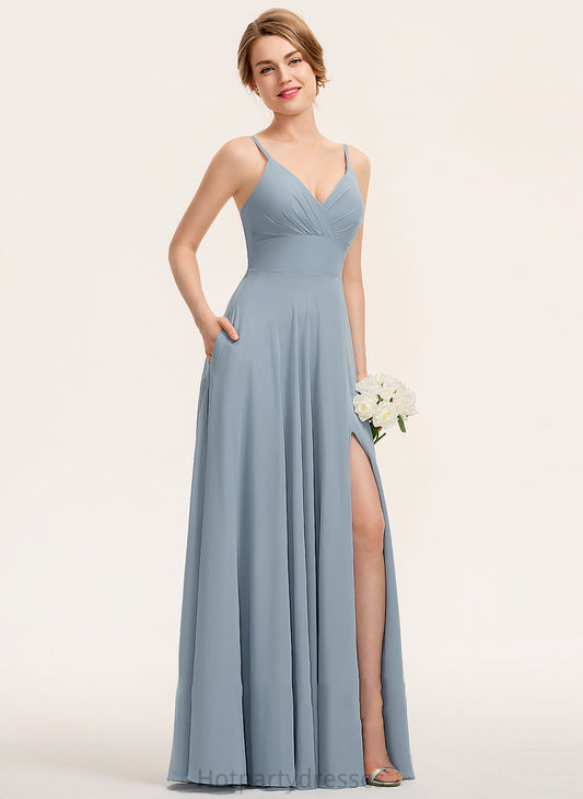 A-Line Length Fabric Ruffle Floor-Length Embellishment Silhouette Pockets V-neck Neckline Bethany Natural Waist Bridesmaid Dresses