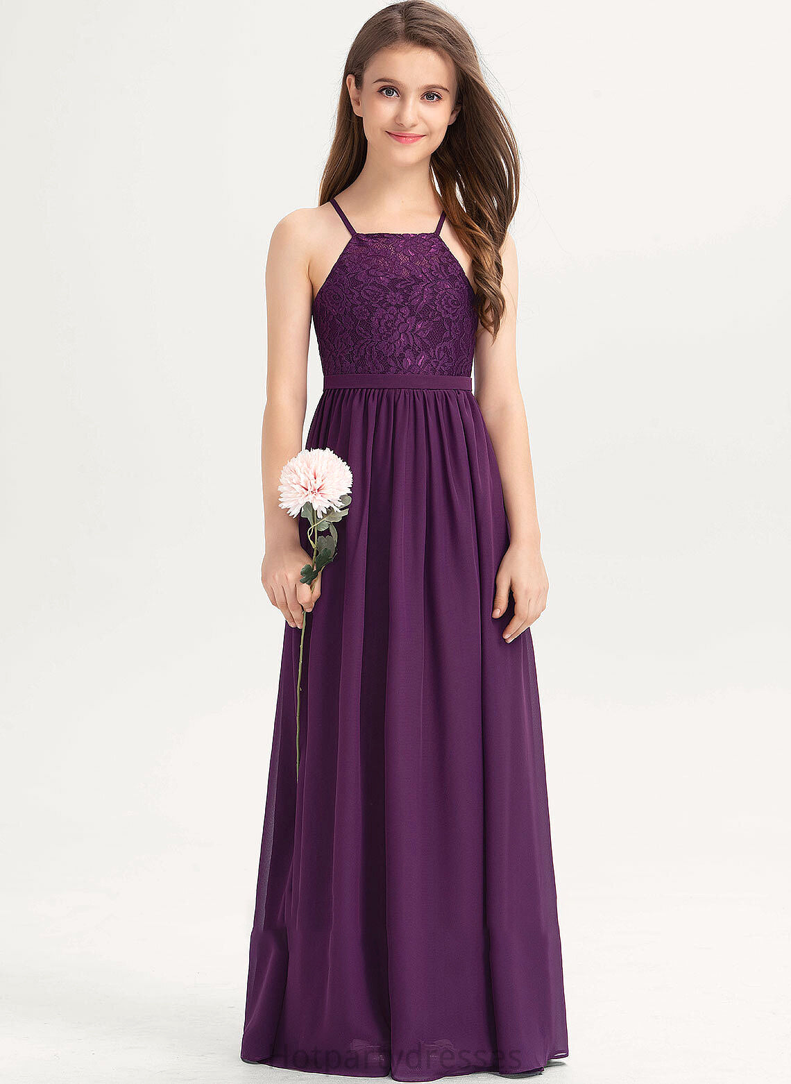Lace A-Line Neckline With Floor-Length Bow(s) Amiya Chiffon Square Junior Bridesmaid Dresses