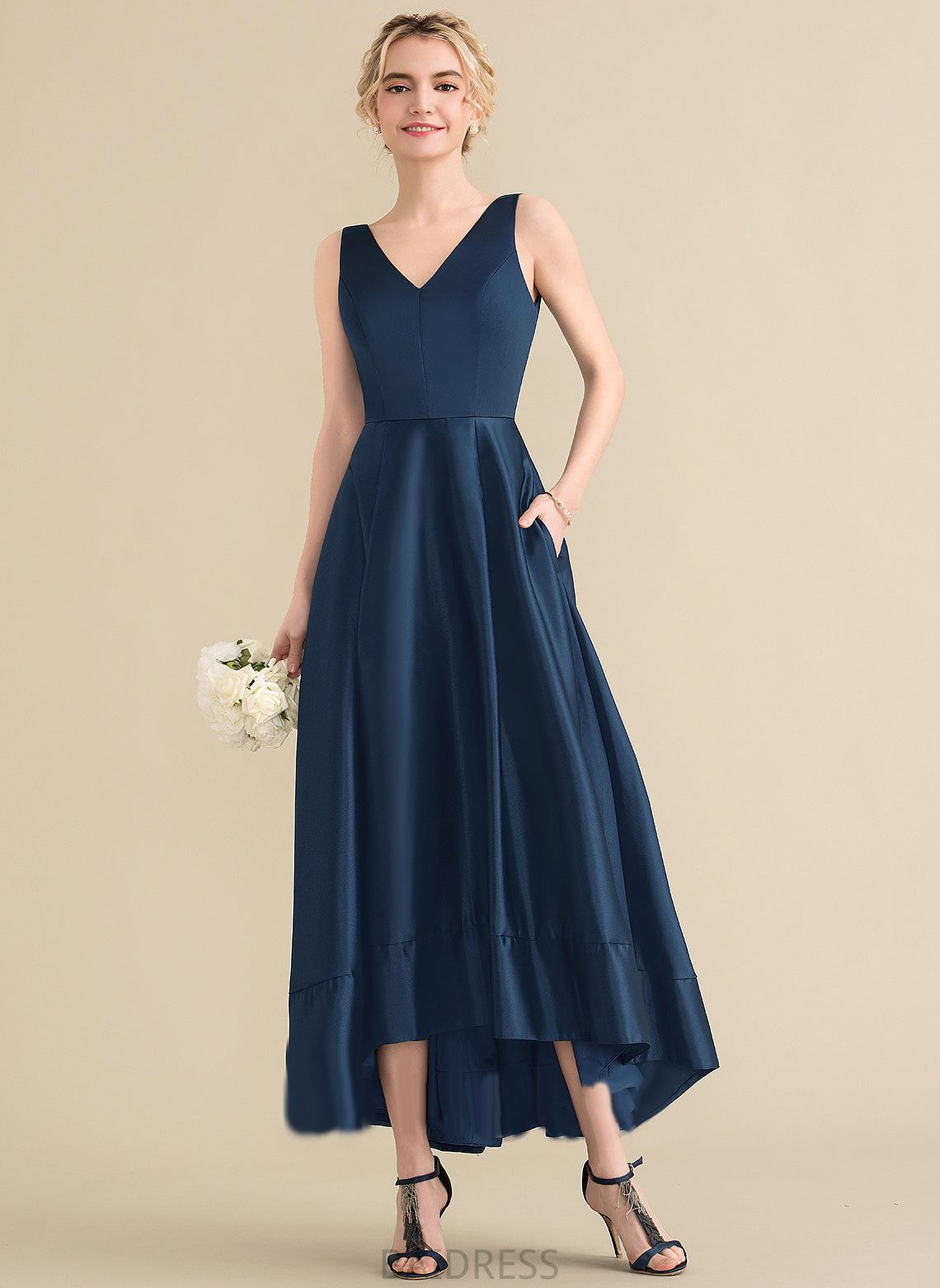 Dominique Asymmetrical With Pockets V-neck Satin Ball-Gown/Princess Prom Dresses