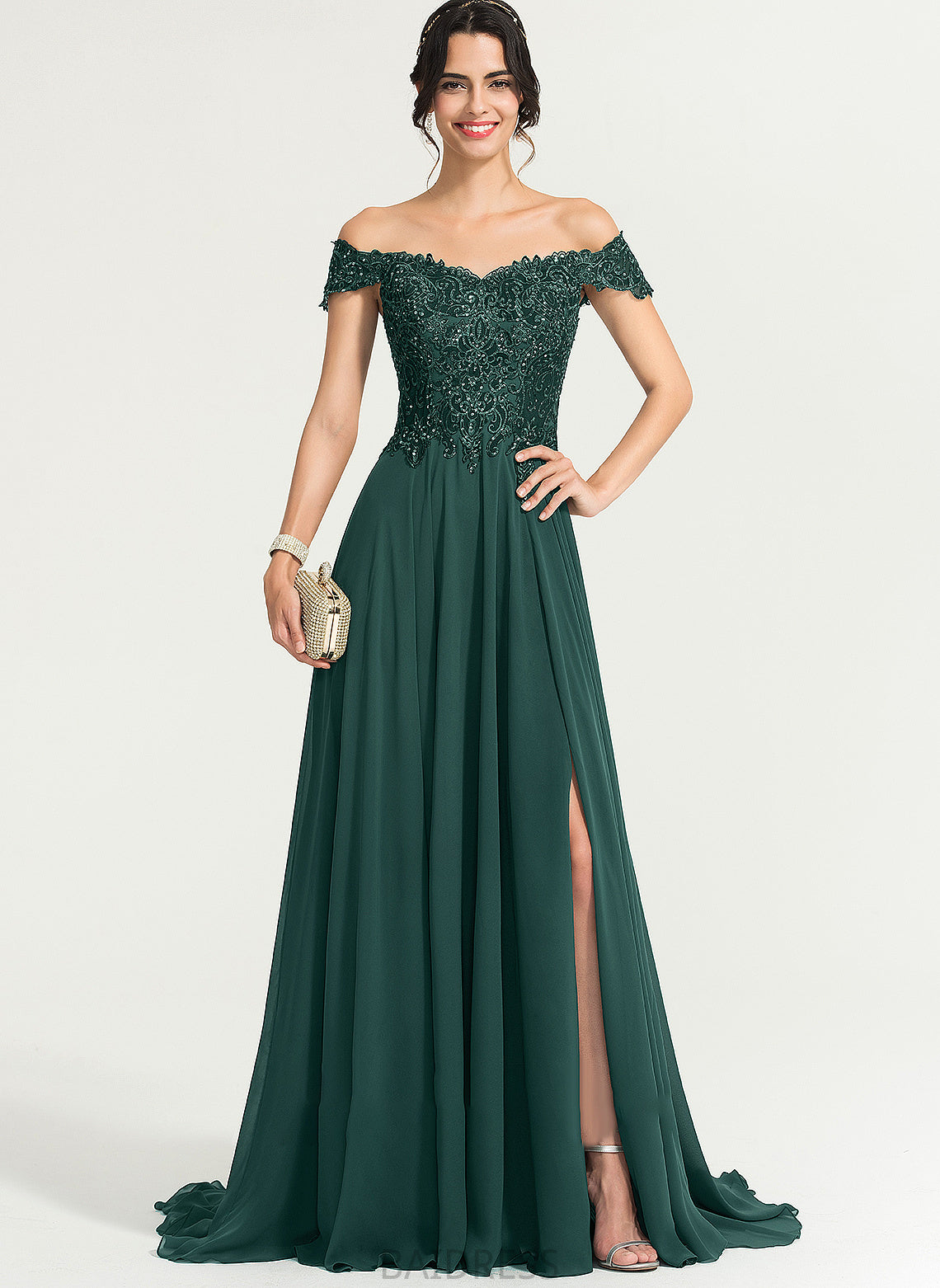 A-Line Prom Dresses Angeline Chiffon Front Train With Off-the-Shoulder Sweep Split Sequins
