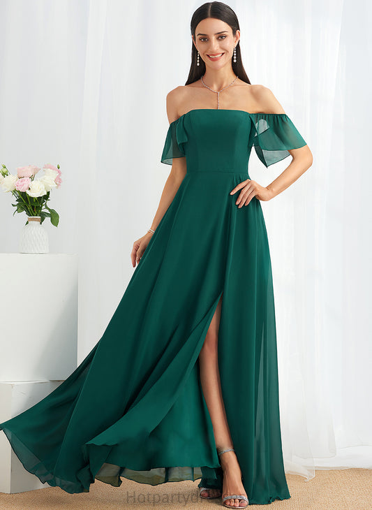 Silhouette SplitFront Floor-Length Fabric Embellishment Off-the-Shoulder Neckline A-Line Length Kendal Natural Waist Sleeveless Bridesmaid Dresses