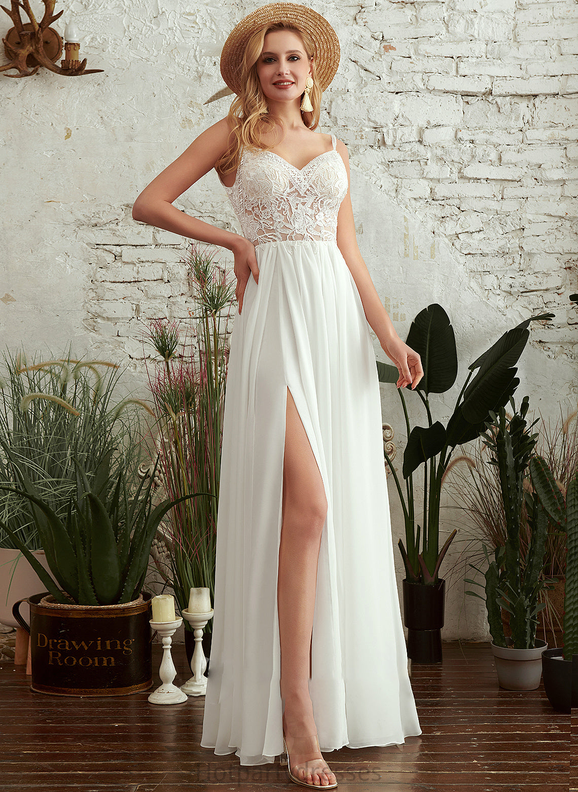 A-Line Wedding Dresses Dress V-neck Floor-Length Beading Rory Wedding Front Split With