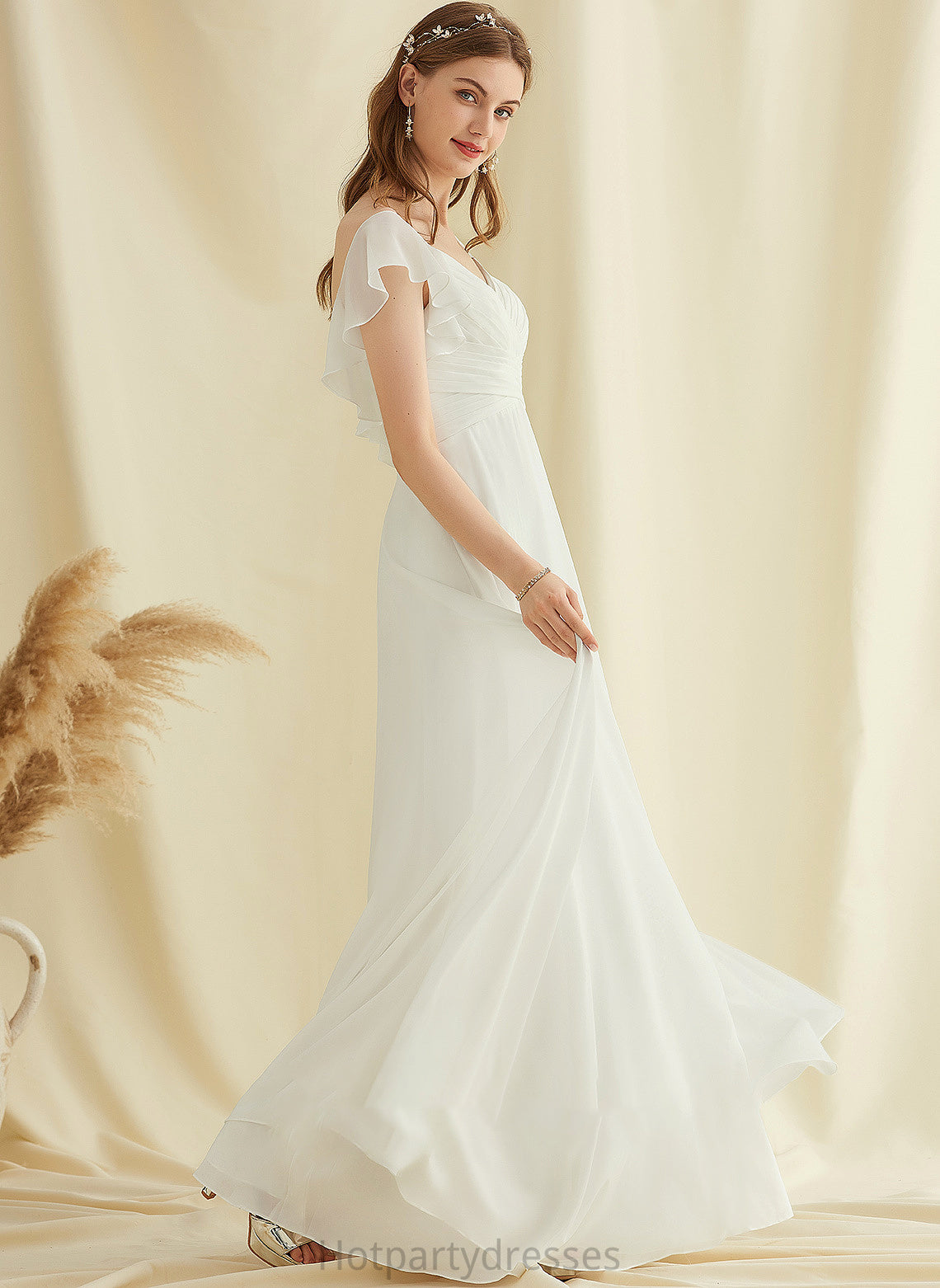 Floor-Length Ruffle Wedding Dresses Camila A-Line With Chiffon Wedding Dress V-neck